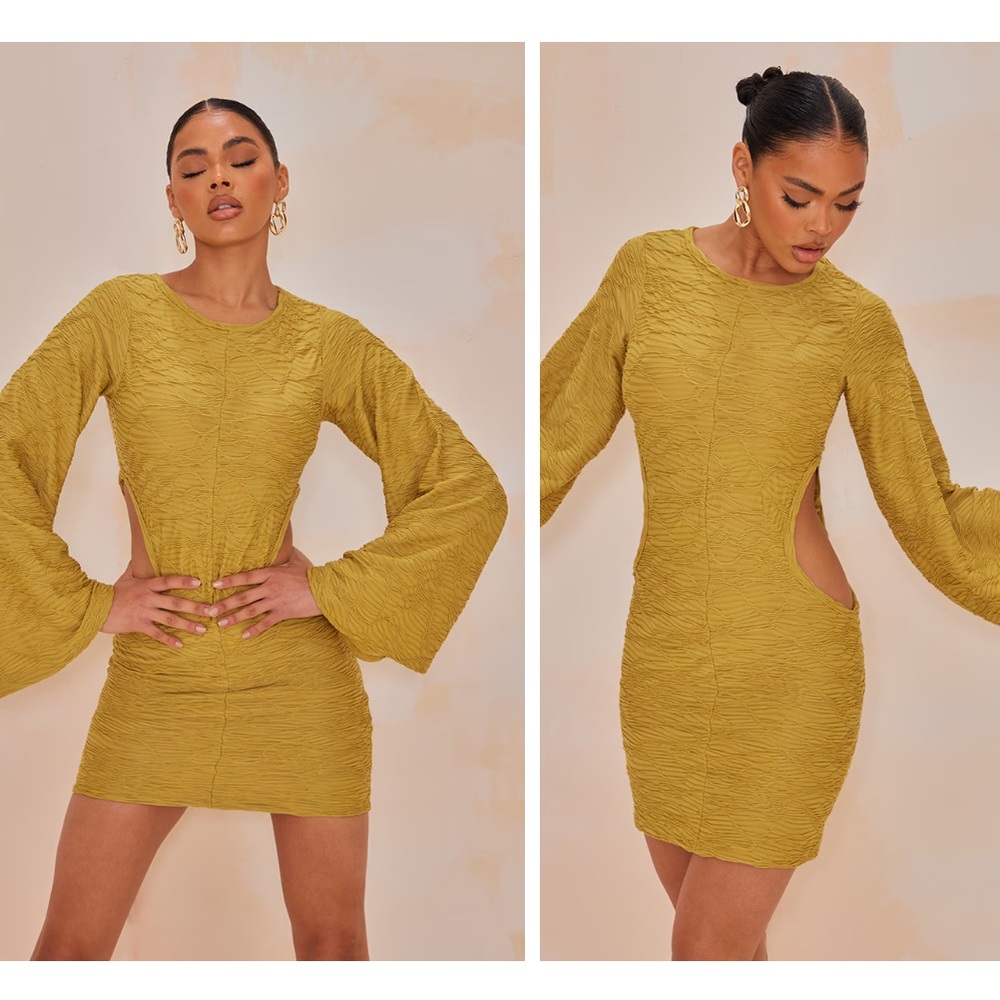 Olive Textured Cut Out Side Detail Bodycon Dress
